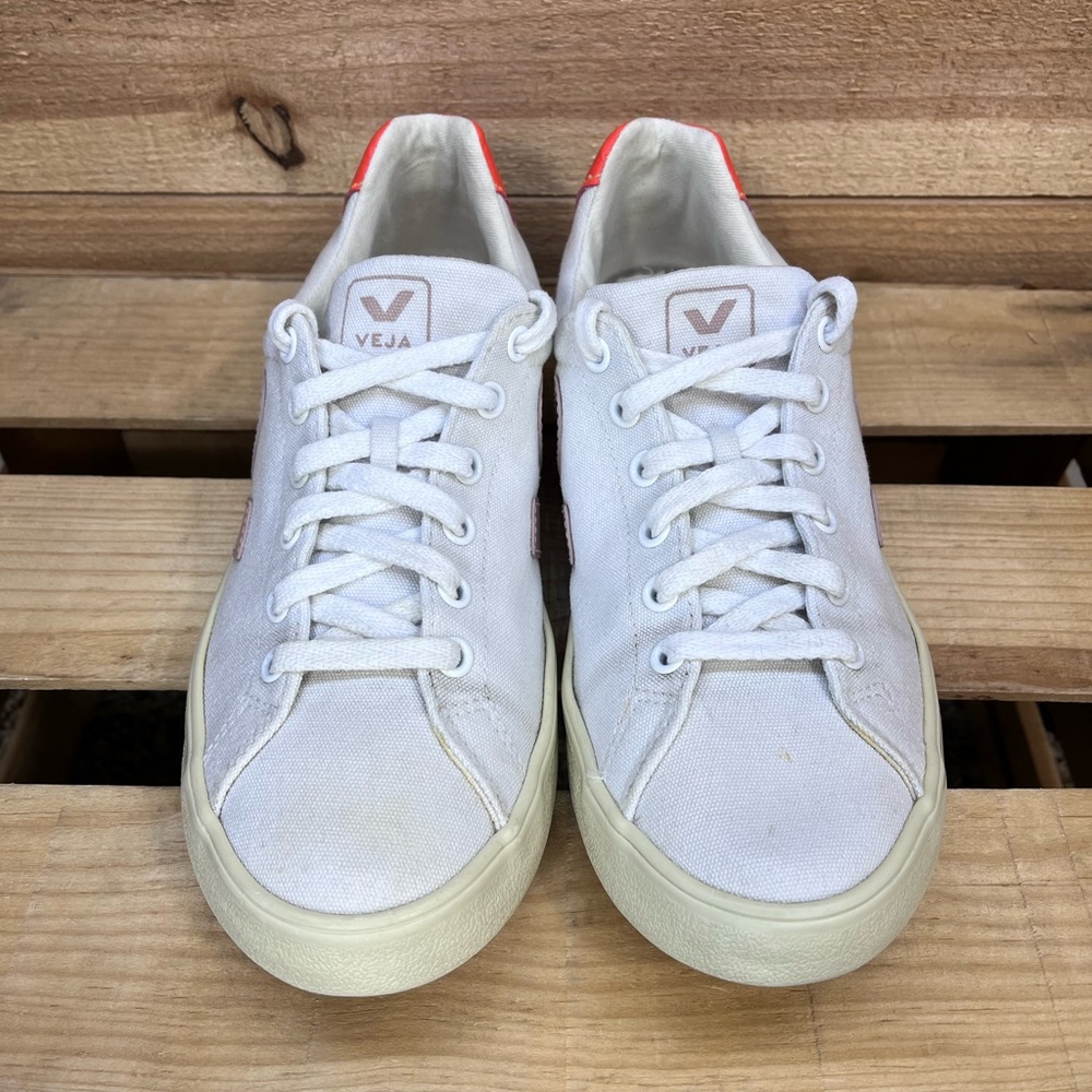 Veja White Sneakers with Pink Accent and Coral Heel - Picture 6 of 15